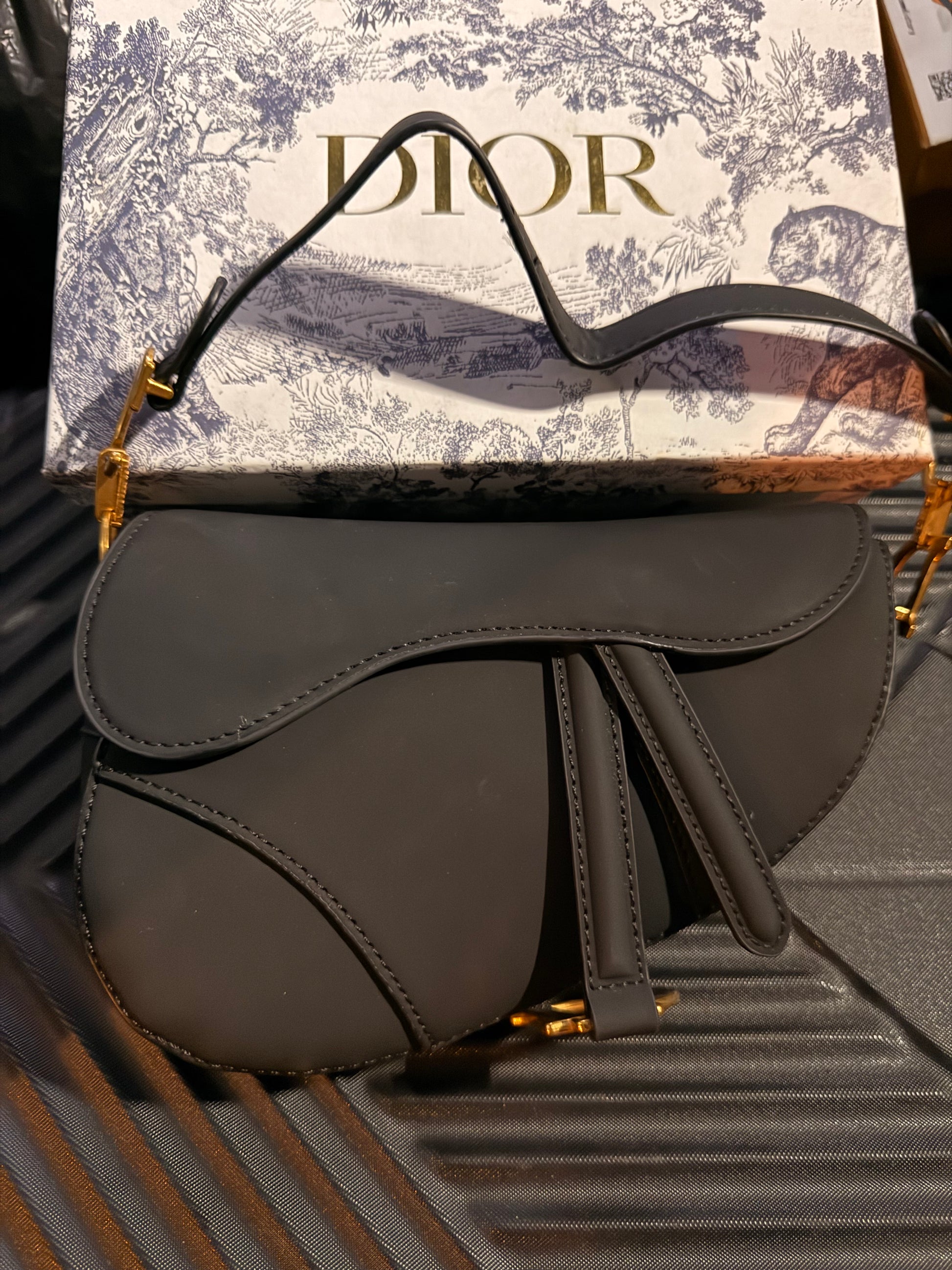 CHRISTIAN DIOR Grained Calfskin Saddle Bag Black